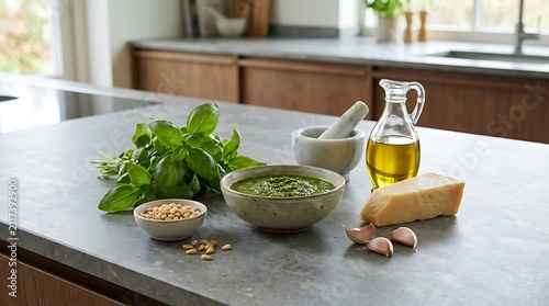 Fresh green pesto sauce with basil leaves nuts olive oil and parmesan cheese on a kitchen counter. basil pesto kit