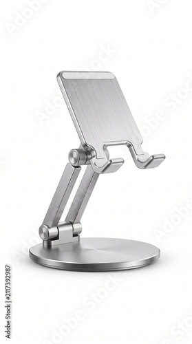 Adjustable aluminum smartphone stand, silver metal mobile phone holder for desk, foldable tablet cradle with ergonomic swivel joints