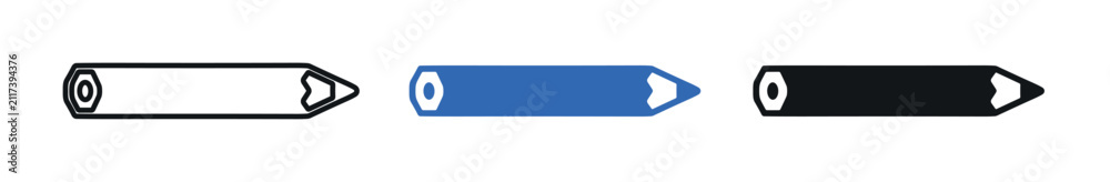 Obraz premium Three minimalist pencil icons in black outline, solid blue, and solid black, arranged horizontally on a clean white background