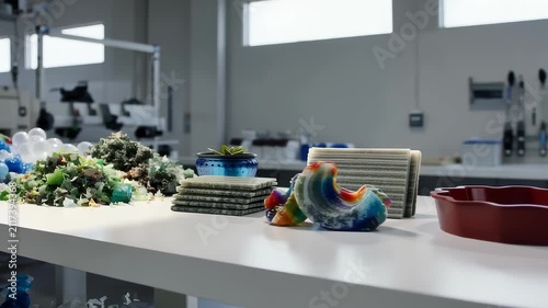 Close-up of colorful 3D printed objects and materials arranged on a laboratory workbench with scientific equipment