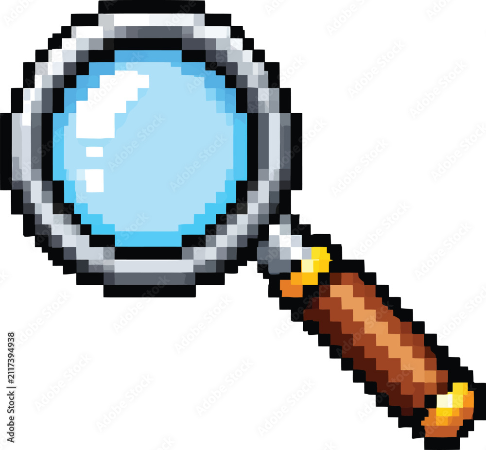 Fototapeta premium Retro pixel art magnifying glass search icon isolated on white background