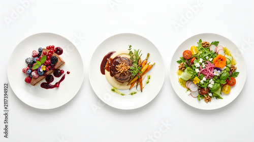 Three gourmet plated meals featuring dessert berries, steak with vegetables, and fresh garden salad