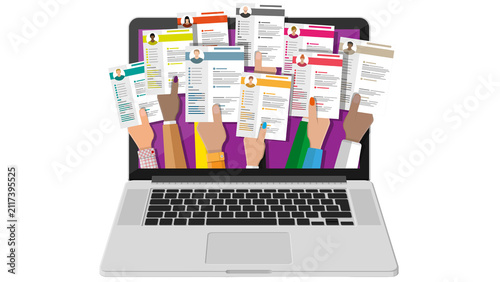 Obraz na płótnie Hands holding up resume documents coming out of a laptop screen on a black backg