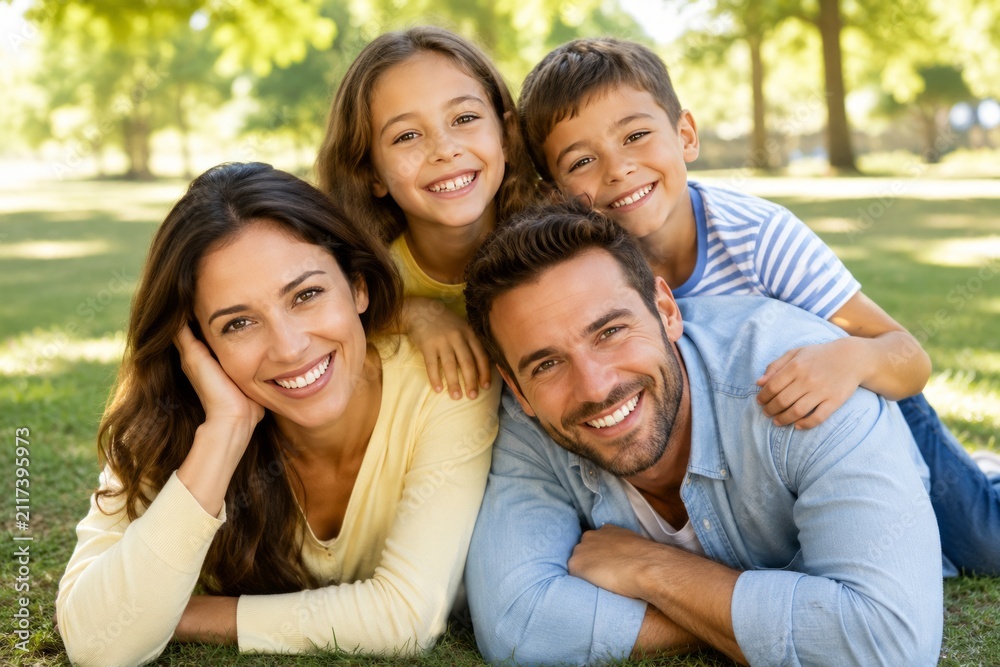 Fototapeta premium Happy Family Portrait Stacking Together in Park Smiling at Camera
