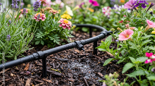 Drip irrigation system watering colorful garden bed of summer flowers with irrigation, watering