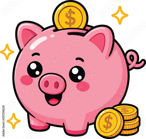 Cute smiling piggy bank cartoon mascot with gold coins vector illustration isolated on white background for savings and finance designs