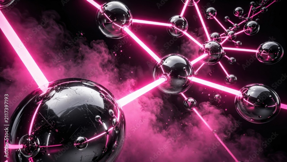 Fototapeta premium Abstract Molecular Structure with Pink Energy Beams and Smoke.