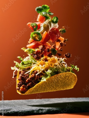 Overflowing taco ingredients suspended mid-air against a warm gradient