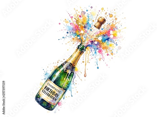 Colorful champagne explosion with cork and splashes.