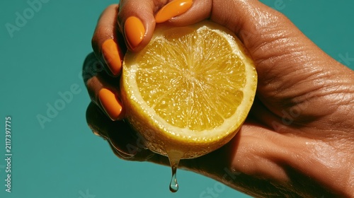 Hand squeezing a bright yellow lemon, juice dripping against turquoise background
