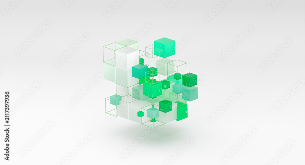 Obraz premium Abstract 3D green cubes and wireframe background for technology and AI concept.