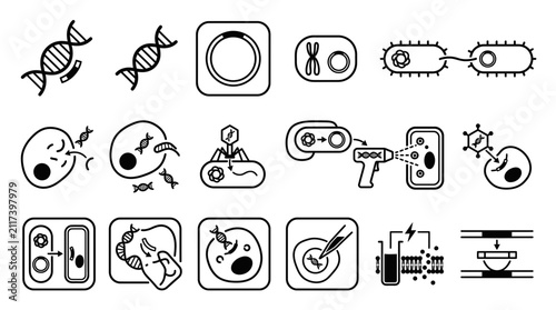 Foto Biotechnology Icons: DNA, Gene Editing, Bacteria, Viruses, and Cell Engineering
