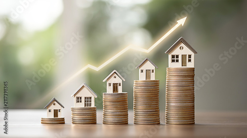 house model on money coins saving for concept investment mortgage finance and home loan refinance