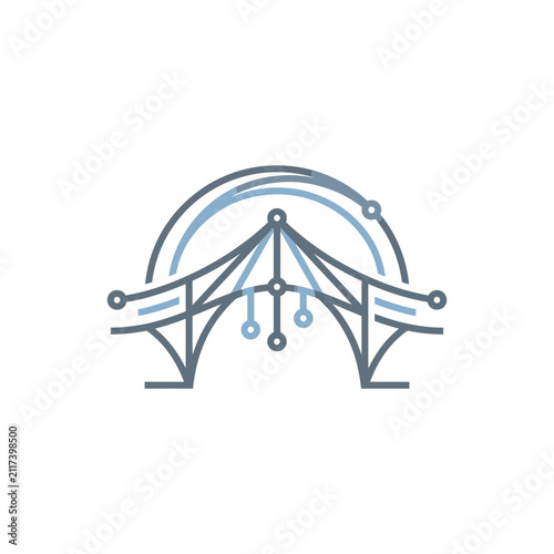 Suspension bridge logo with integrated circuit nodes