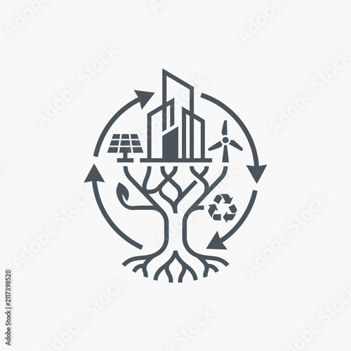Sustainable city ecosystem icon with renewable energy symbols