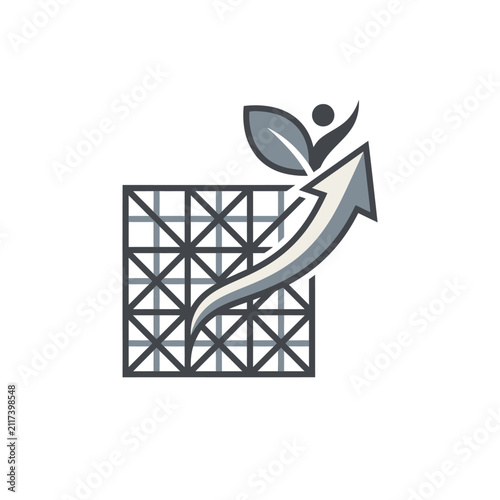 Sustainable growth arrow icon with leaf and grid.