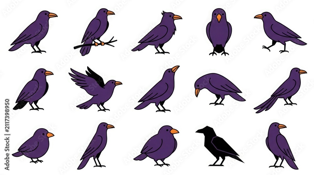 Naklejka premium Set of various black crow bird illustrations in different poses isolated on a plain white background for design