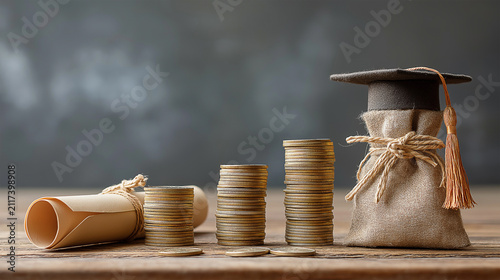 graduation cap and diploma with money coins saving for concept education and scholarships