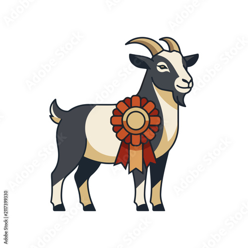 Champion goat with a red award ribbon rosette. Prize winning livestock character. Clean cartoon illustration isolated on white background
