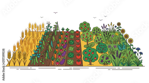 Diverse Organic Garden with Crops and Fruit Trees