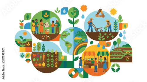 Sustainable Community Farming and Global Ecology Illustration