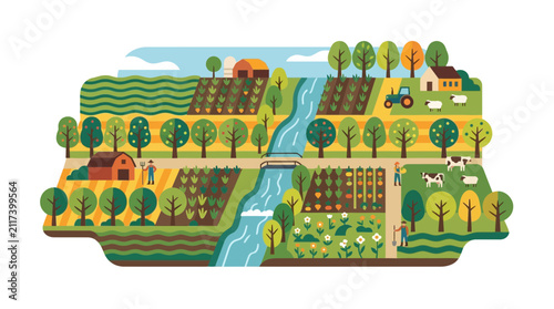 Idyllic Rural Farm Landscape with River and Fields