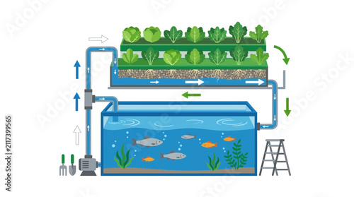 Aquaponics System Diagram: Fish Tank and Vertical Garden