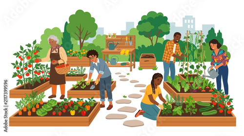 Diverse community gardening in raised beds with fresh produce