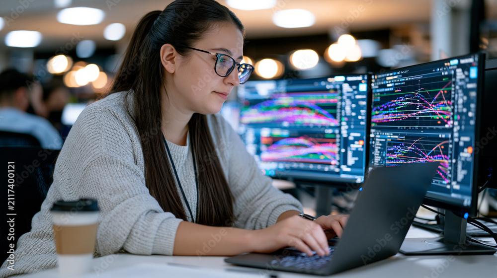 Obraz premium Hybrid quantum classical computing research station where a machine learning engineer reviews model training results on two screens, early morning mist outside university building, coffee untouched,