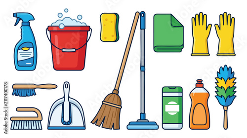 Set of colorful cleaning supplies and household equipment icons on a white background.