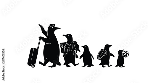 Fotografía Penguin family with luggage traveling together vacation suitcase backpack advent