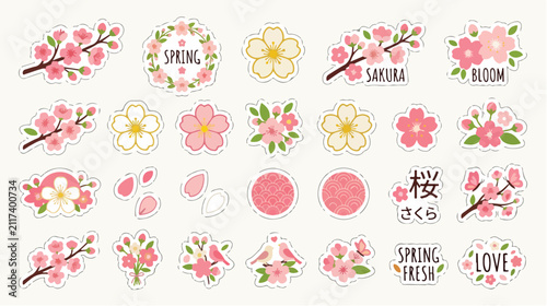 Set of cute cherry blossom sakura flower stickers for spring decoration and scrapbooking.