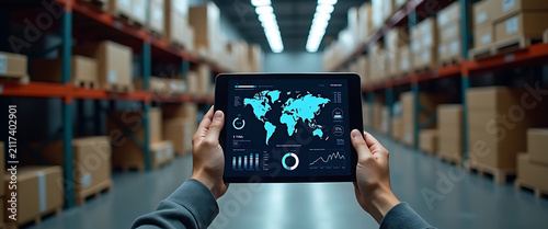 Man holding tablet displaying global map and financial data analytics in warehouse with shelves full of boxes.