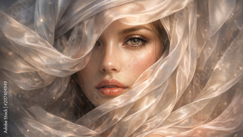 A young woman with delicate features and shimmering hair in an ethereal portrait.