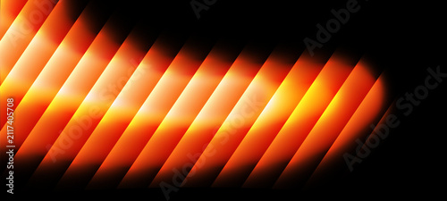 Orange and Yellow Glowing Glass Effect Abstract Diagonal Stripes on Black Background, Futuristic Luminous Light Overlay Design
