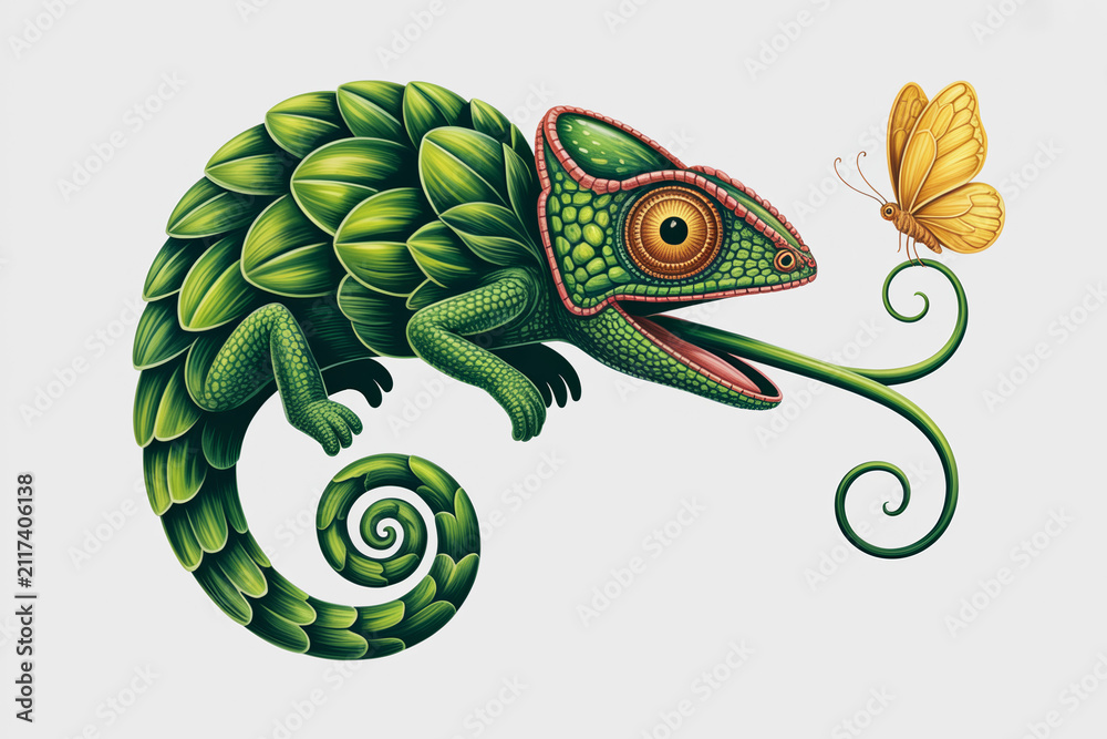 Obraz premium Realistic Green Chameleon on Branch Isolated on White Background
