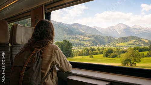 Traveler with backpack enjoying scenic train journey through green fields and mountains, feeling peaceful and inspired by nature