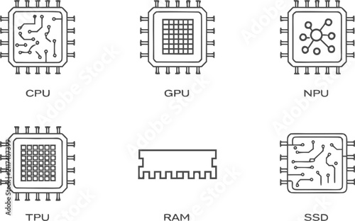 Bild auf Leinwand Artificial intelligence hardware processing units vector icons with central grap