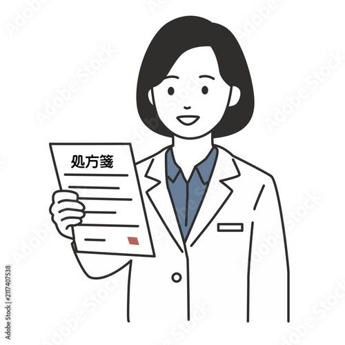 Bild auf Leinwand 処方箋を手にして処方内容や用法を確認する女性薬剤師のイラスト　調剤薬局のフラットベクター素材