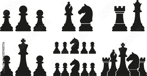 Chess silhouette collection, strategic board game vector icons, featuring king queen rook bishop knight pawn pieces