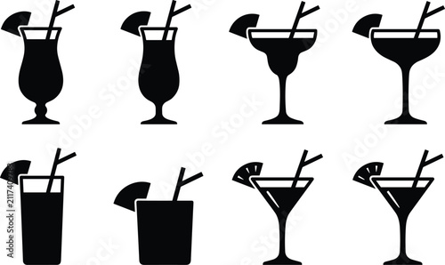Cocktail glass silhouette collection, tropical drink icons, black vector set for bar menu and beverage