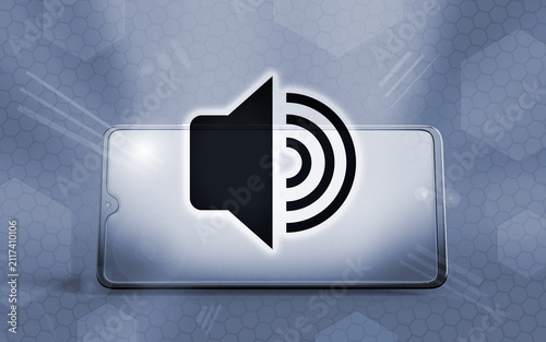 Representación 3D de un teléfono inteligente moderno mostrando un icono de altavoz, simbolizando tecnología de comunicación, dispositivos móviles, audio digital y conectividad inalámbrica global.