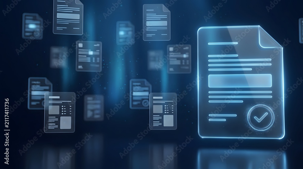 Fototapeta premium Glowing digital document management system with holographic files