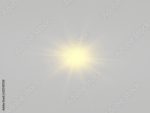 Realistic sunlight burst creates radiant glowing rays and bright shine. Soft lens flare adds luminous energy and depth. Isolated transparent PNG light overlay.