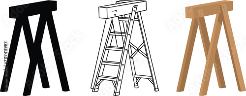 three style  Wood Sawhorse and Stepladder Trestle Collection