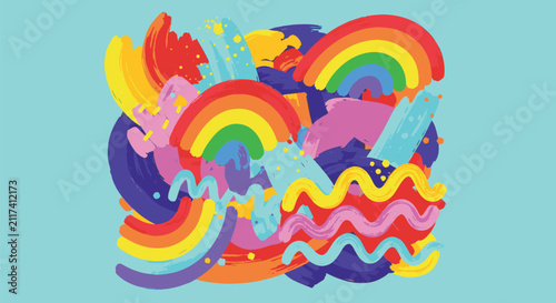 Colorful abstract vector art featuring layered hand-drawn rainbows, vibrant thick brushstrokes, wavy lines, and paint splatters centered on a solid light blue background.