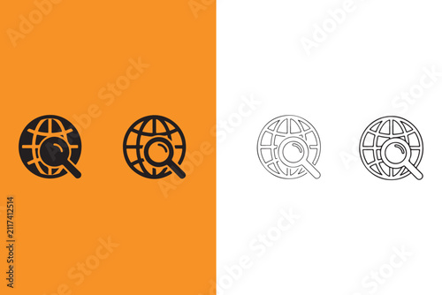 Magnifying glass on globe icons in black and white colors  search concept