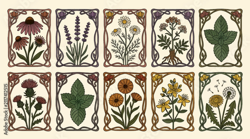 Obraz na płótnie Art Nouveau Herbal Ingredient Labels Vector Collection, Featuring Echinacea, Lavender, Chamomile, Valerian, Mint, Thistle, Calendula, St