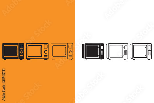 Microwave ovens in different styles and colors side by side on orange and white backgrounds
