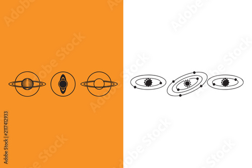 Planetary systems with planets and rings orbiting around suns in space